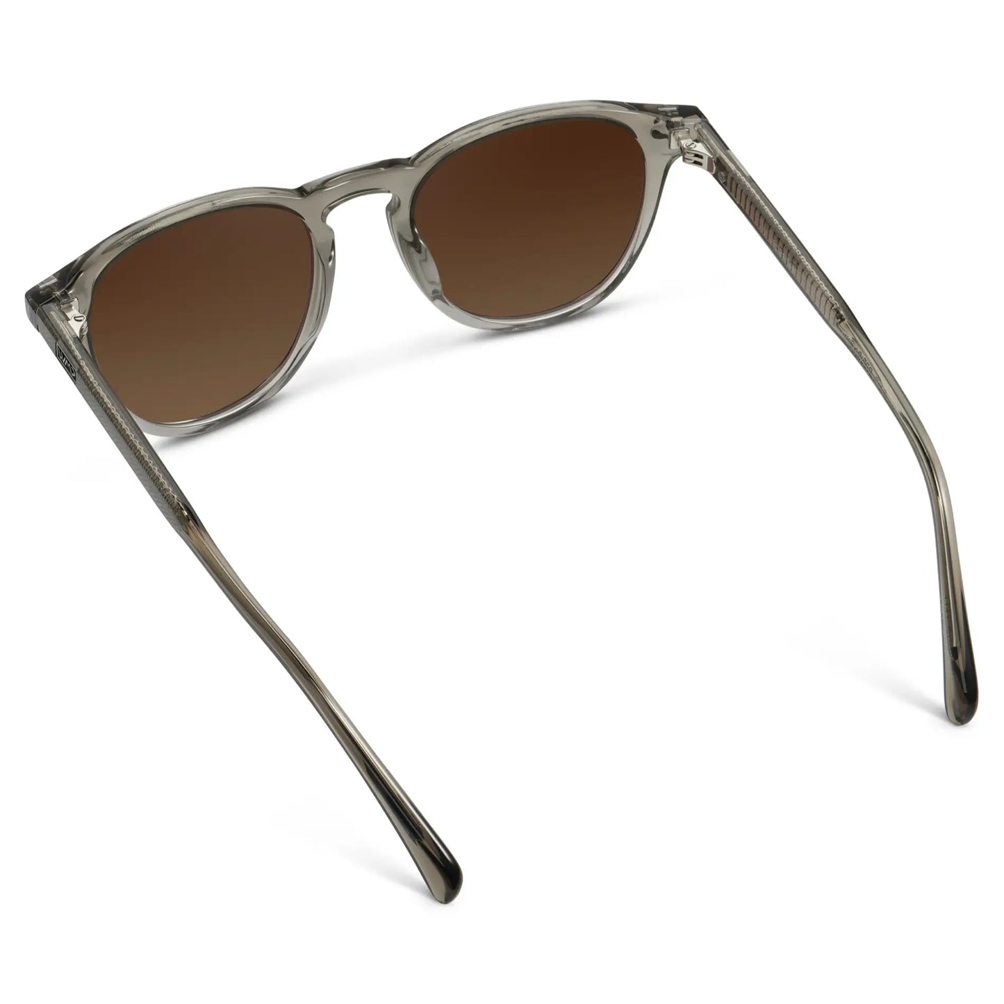 Charcoal Grey / Brown Gold Gradient Lens || Back view of Men's Round Polarized Sunglasses with Charcoal Grey Frame and Brown Gold Gradient Lenses on a white background