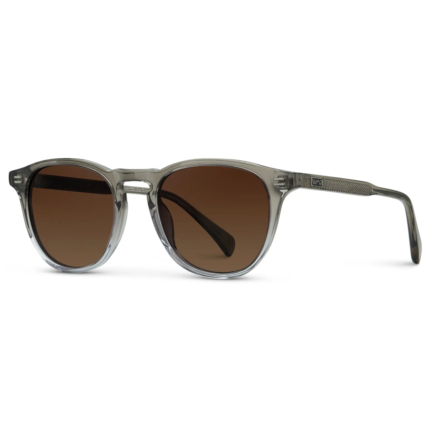Charcoal Grey / Brown Gold Gradient Lens || Side view of Men's Round Polarized Sunglasses with Charcoal Grey Frame and Brown Gold Gradient Lenses on a white background