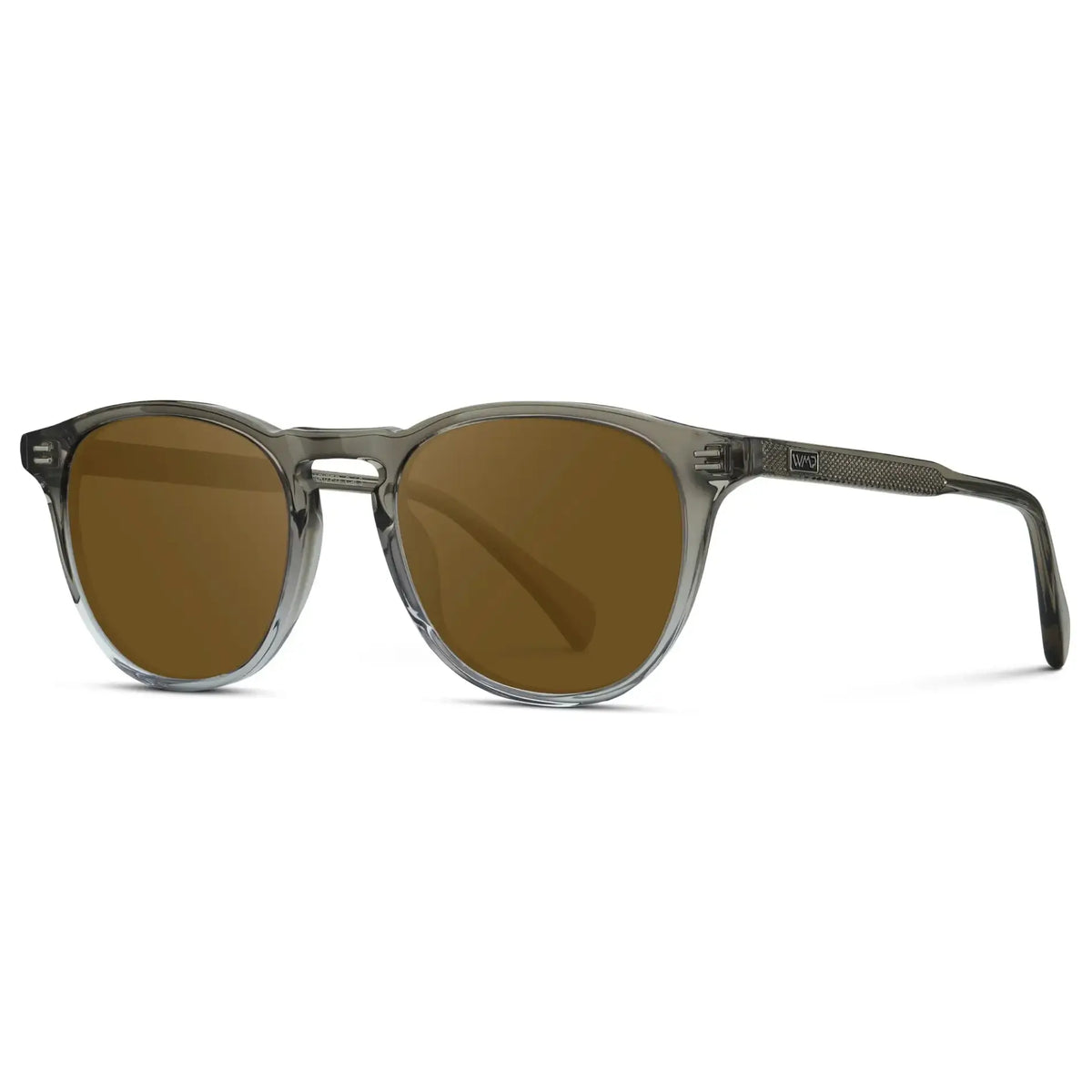 Charcoal Grey / Amber || Side view of Men's Round Prescription Sunglasses with Charcoal Grey Frame and Amber Lenses on a white background