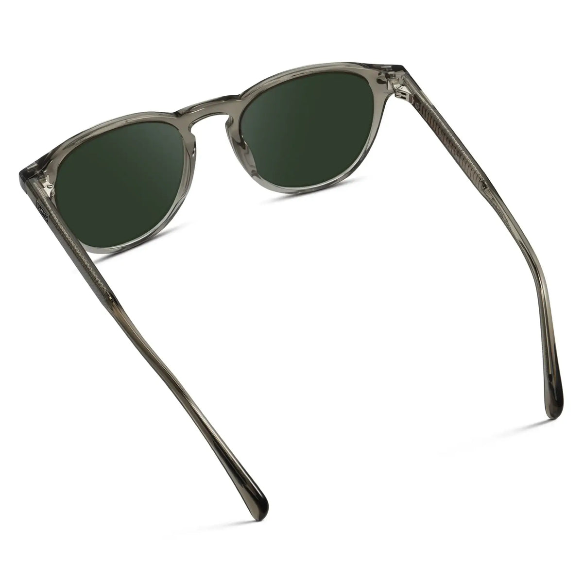 Charcoal Grey / G15 || Back view of Men's Round Prescription Sunglasses with Charcoal Grey Frame and Green Lenses on a white background