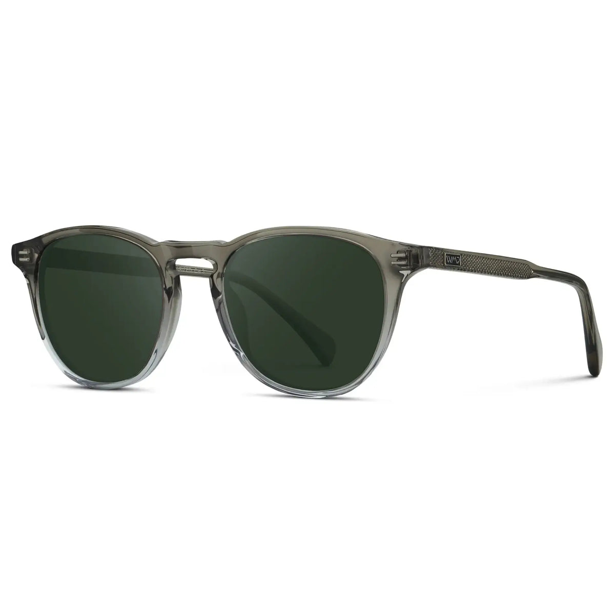 Charcoal Grey / G15 || Side view of Men's Round Prescription Sunglasses with Charcoal Grey Frame and Green Lenses on a white background