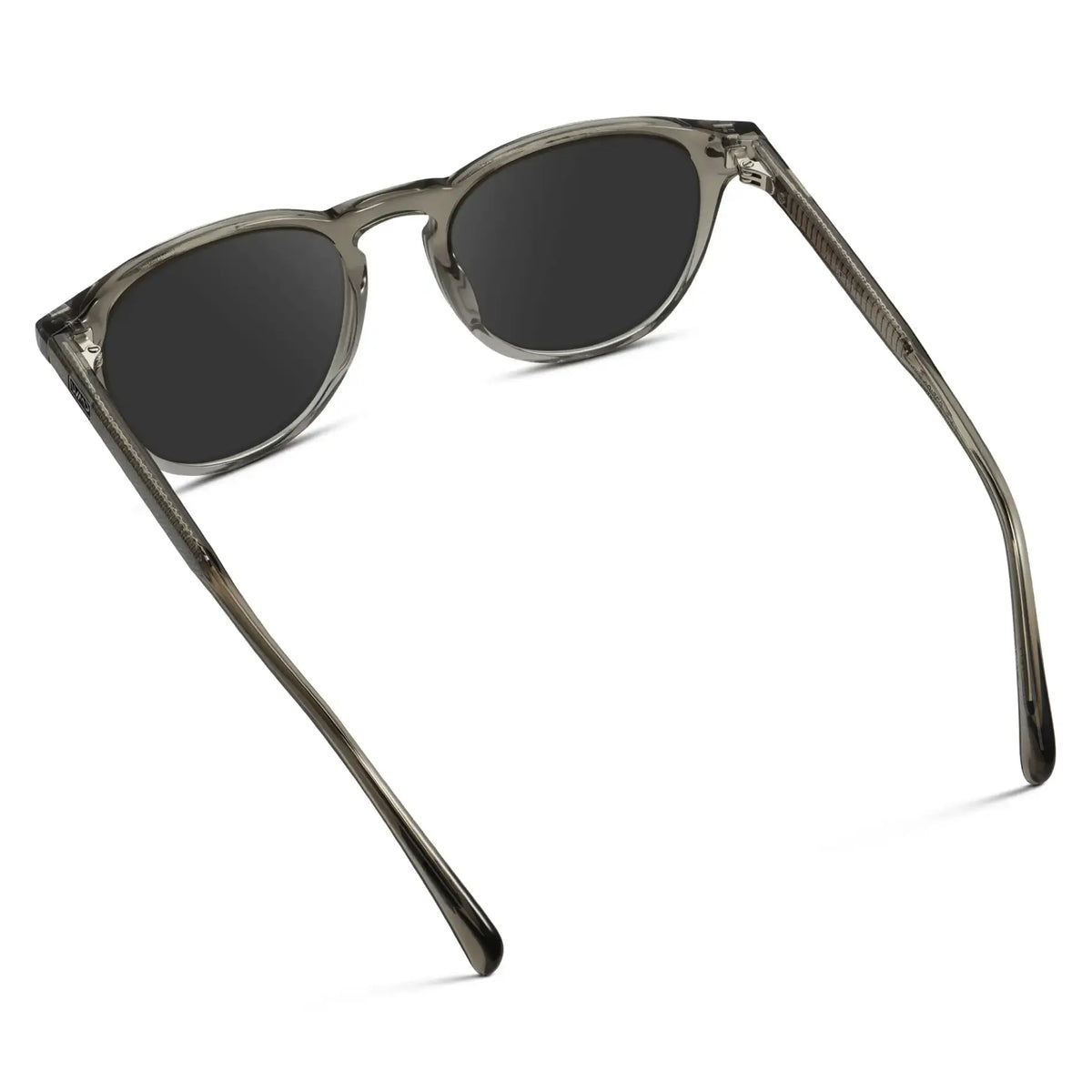 Charcoal Grey / Grey || Back view of Men's Round Prescription Sunglasses with Charcoal Grey Frame and Grey Lenses on a white background