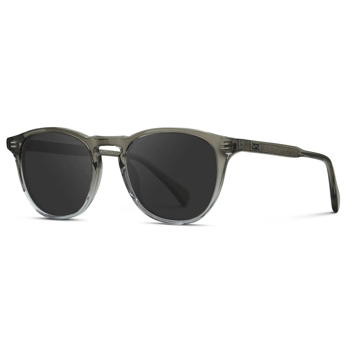 Charcoal Grey / Grey || Side view of Men's Round Prescription Sunglasses with Charcoal Grey Frame and Grey Lenses on a white background