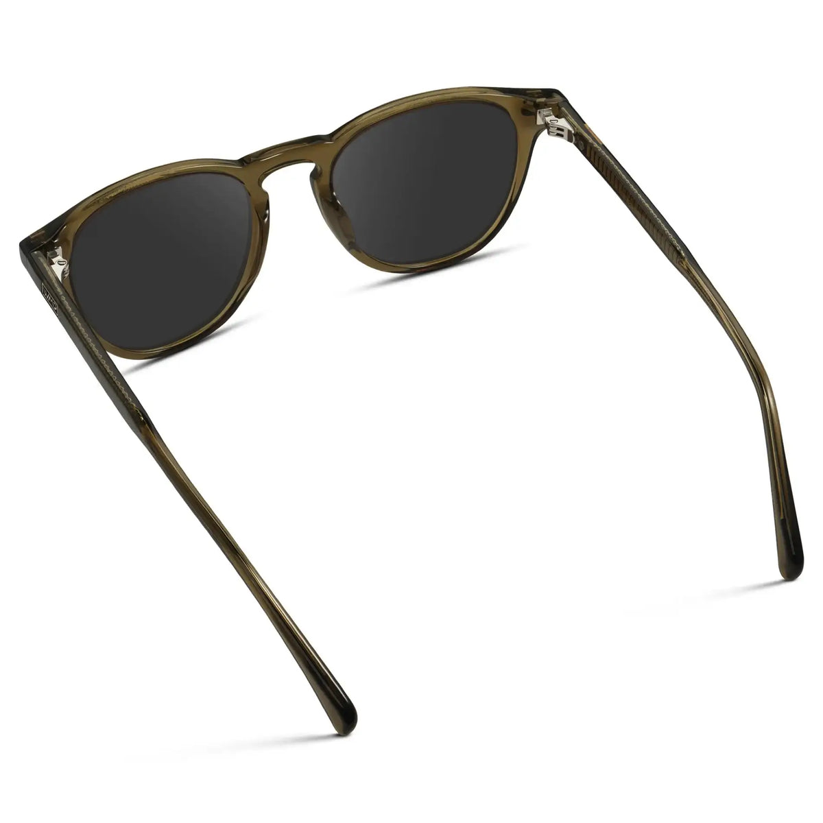 Khaki Green / Grey || Back view of Men's Round Prescription Sunglasses with Khaki Green Frame and Grey Lenses on a white background