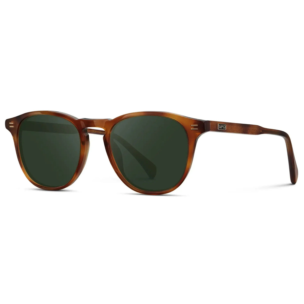 Honey Tortoise / G15 || Side view of Men's Round Prescription Sunglasses with Honey Tortoise Frame and Green Lenses on a white background