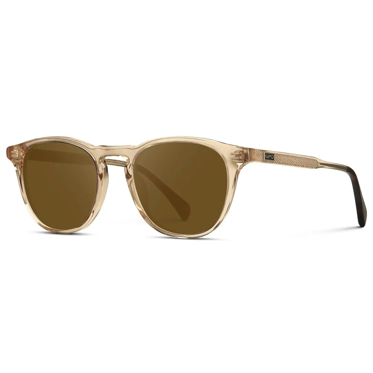 Sand Brown / Amber || Side view of Men's Round Prescription Sunglasses with Sand Brown Frame and Amber Lenses on a white background
