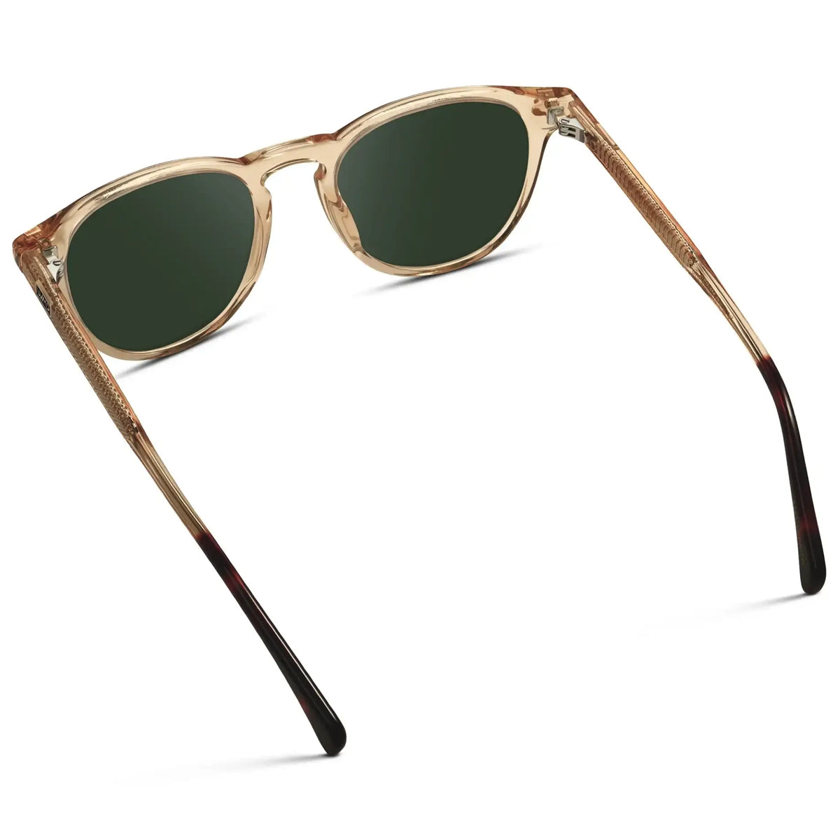 Sand Brown / G15 || Back view of Men's Round Prescription Sunglasses with Sand Brown Frame and Green Lenses on a white background