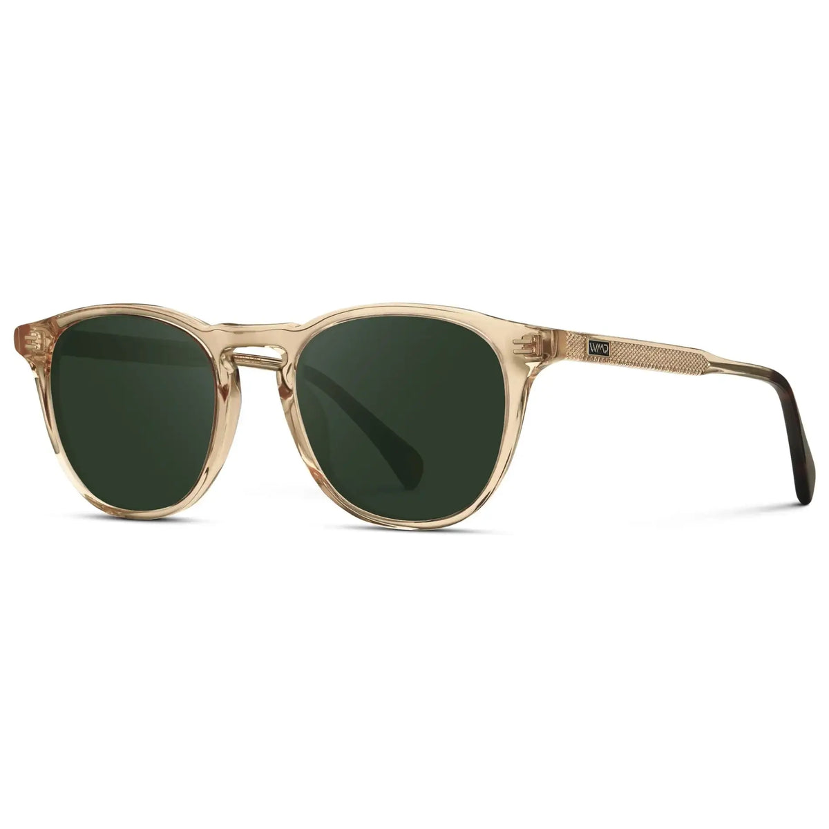 Sand Brown / G15 || Side view of Men's Round Prescription Sunglasses with Sand Brown Frame and Green Lenses on a white background