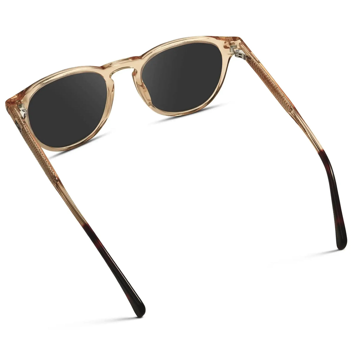 Sand Brown / Grey || Back view of Men's Round Prescription Sunglasses with Sand Brown Frame and Grey Lenses on a white background