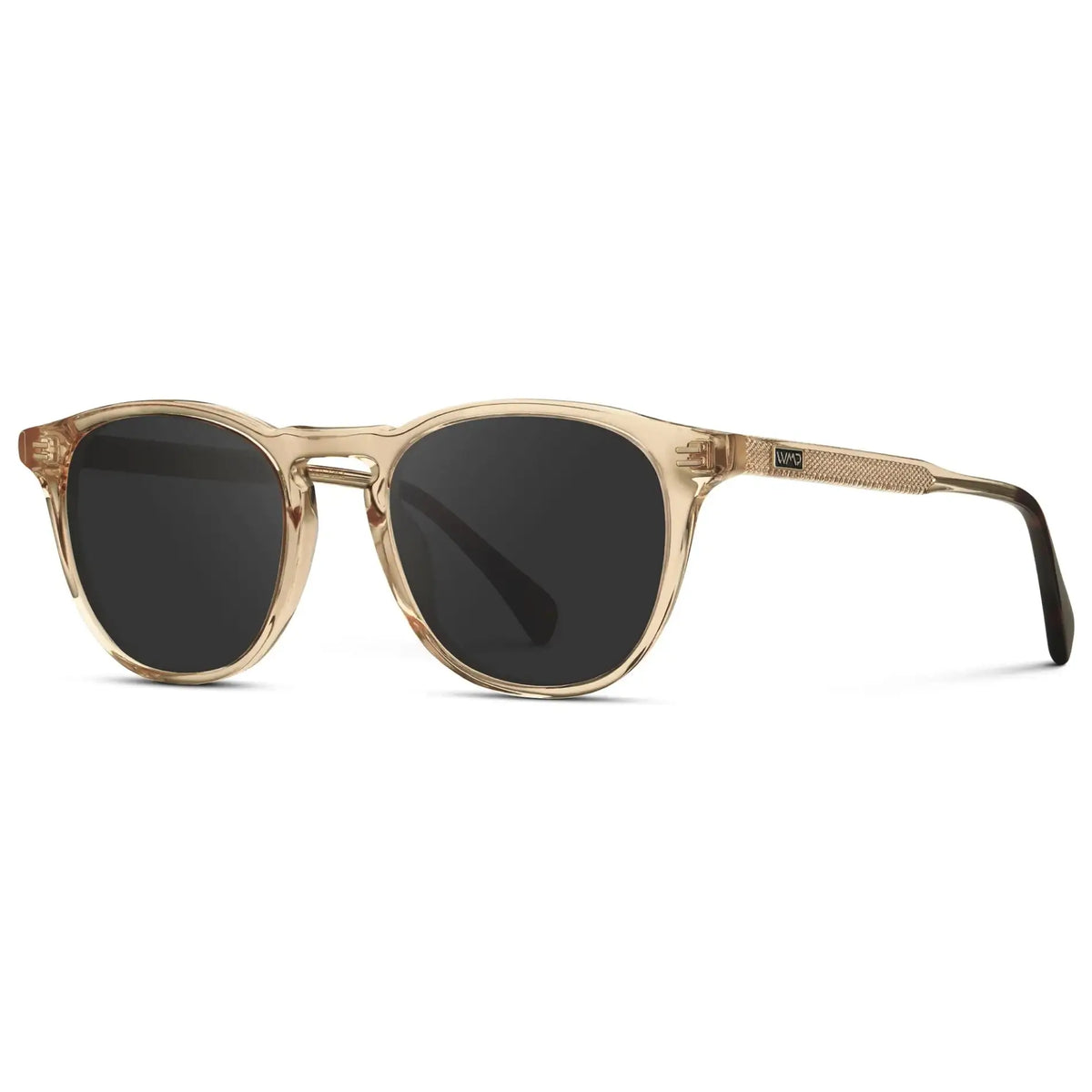 Sand Brown / Grey || Side view of Men's Round Prescription Sunglasses with Sand Brown Frame and Grey Lenses on a white background