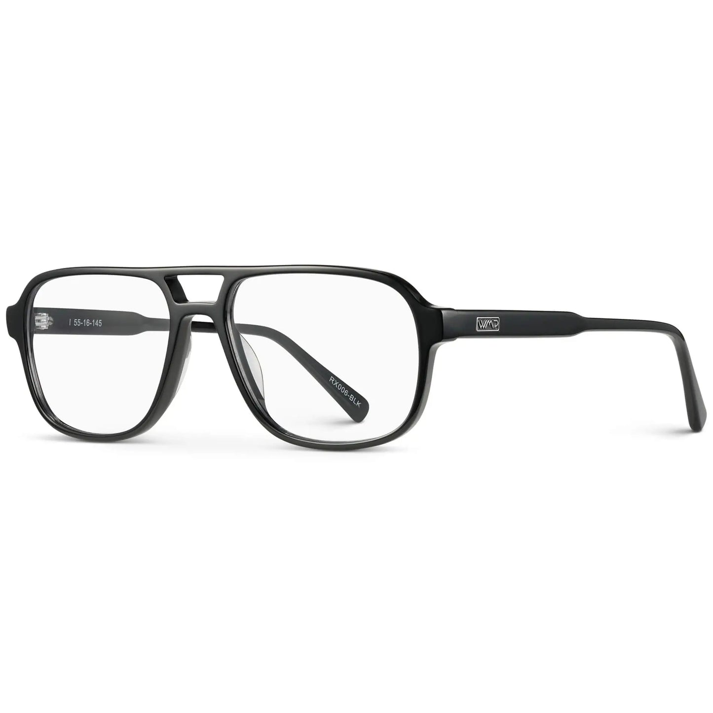 Black || Side view of Black Acetate Frame with Blue Light blocking clear lens on a white background