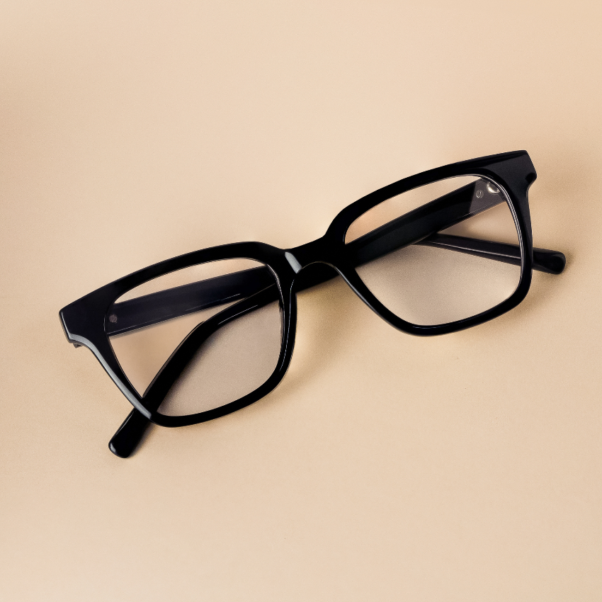 Glossy Black / Medium || Rectangle Black Frame Glasses with Clear Prescription Lenses