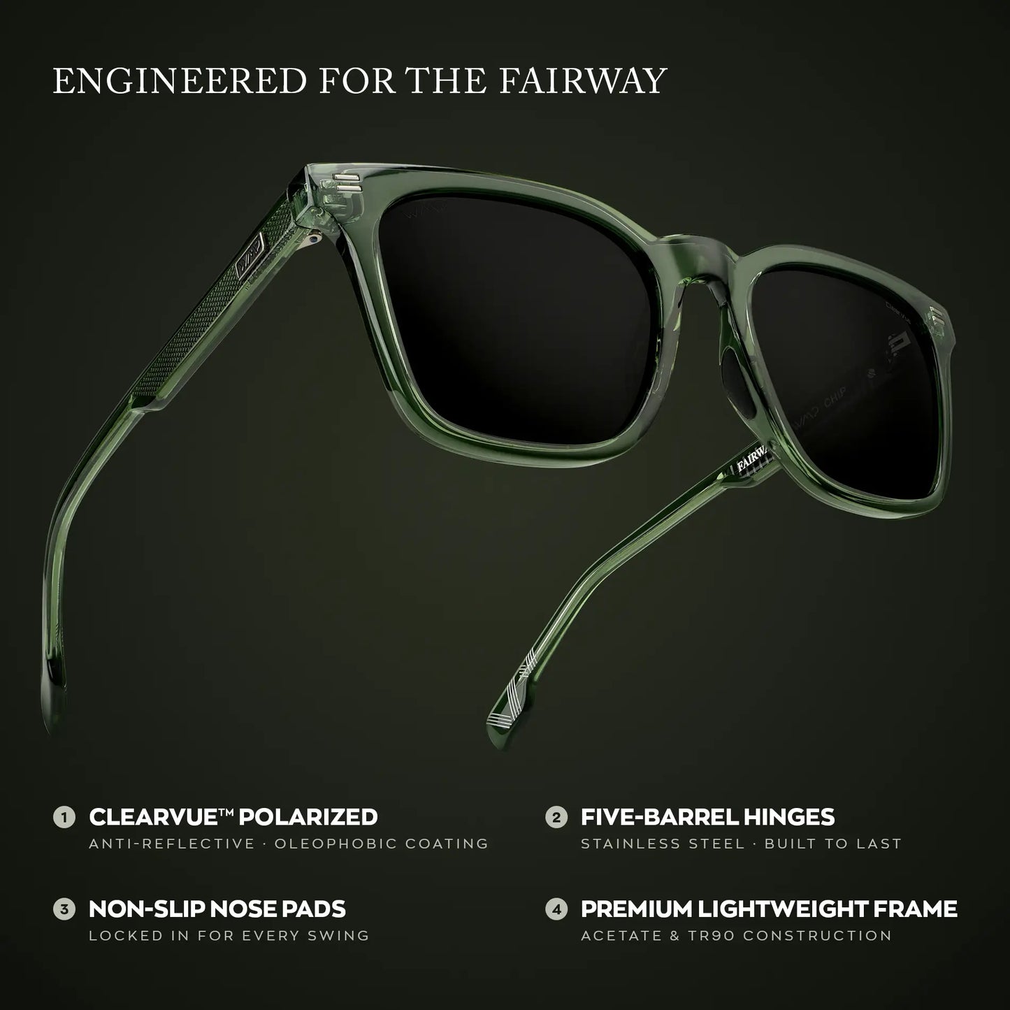 Crystal Agave Green / Black Lens || Men's Classic Rectangular Golf and Sport Sunglasses with Crystal Agave Green Acetate Frame and Black Polarized Oleophobic Lens
