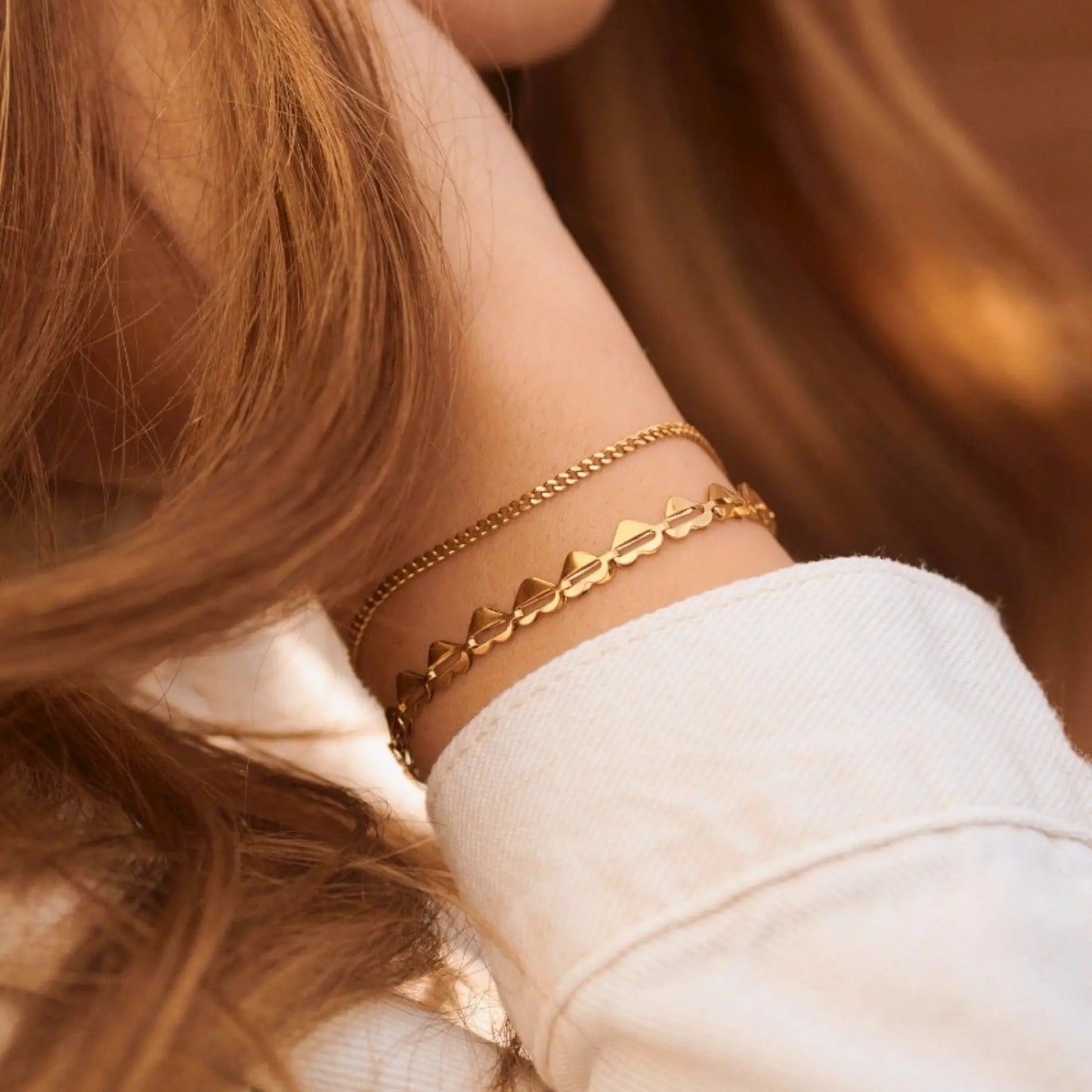 Gold || Cuban and Heart Shaped 14K Gold Plated Link Bracelet Set for Women