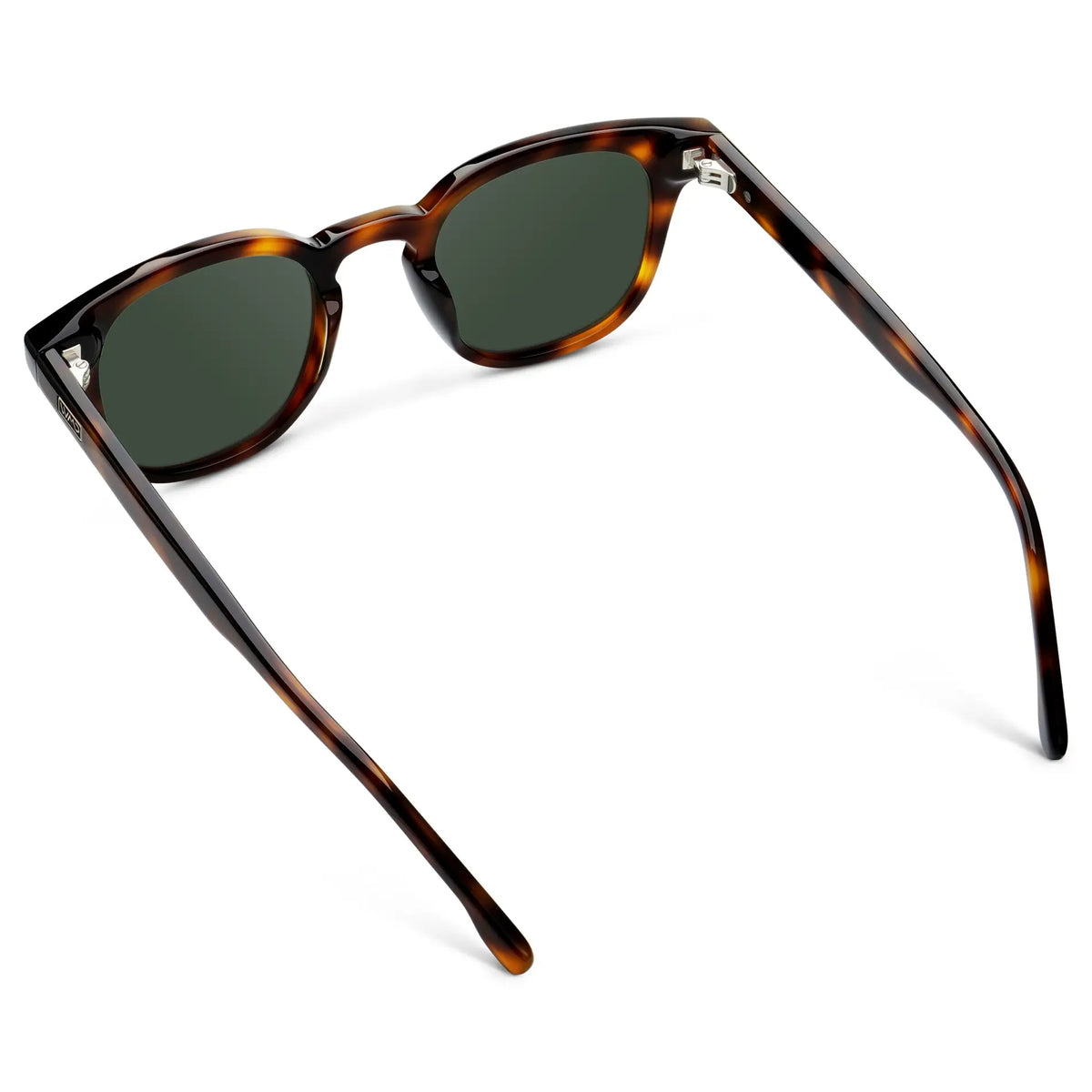 Brown Tortoise / G15 || Back view of Men's Square Prescription Sunglasses with Brown Tortoise Acetate Frame and Green Prescription Lenses on a white background