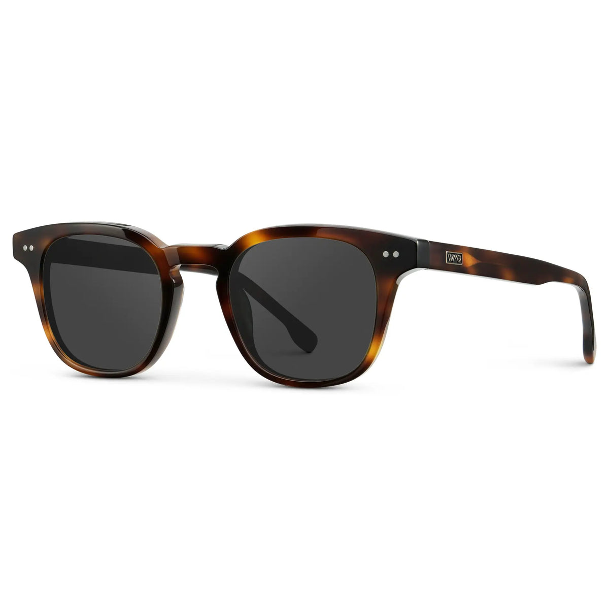 Brown Tortoise / Grey || Side view of Men's Square Prescription Sunglasses with Brown Tortoise Acetate Frame and Grey Prescription Lenses on a white background