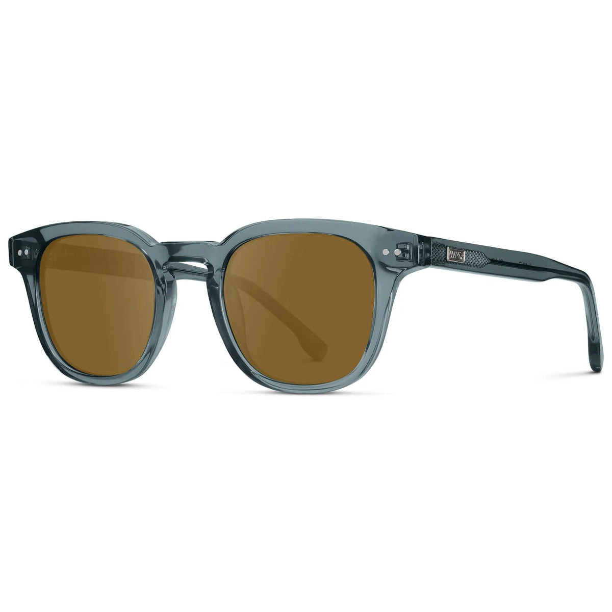 Crystal Stone Blue / Amber || Side view of Men's Square Prescription Sunglasses with Blue Acetate Frame and Brown Prescription Lenses