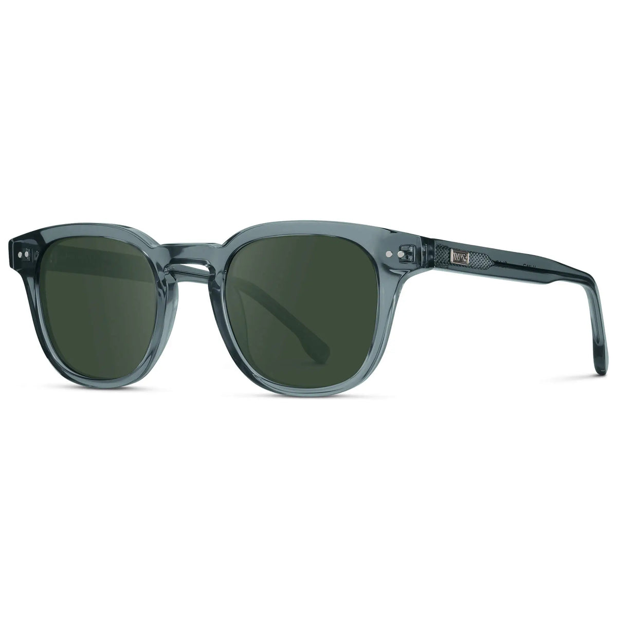 Crystal Stone Blue / G15 || Side view of Men's Square Prescription Sunglasses with Blue Acetate Frame and Green Prescription Lenses