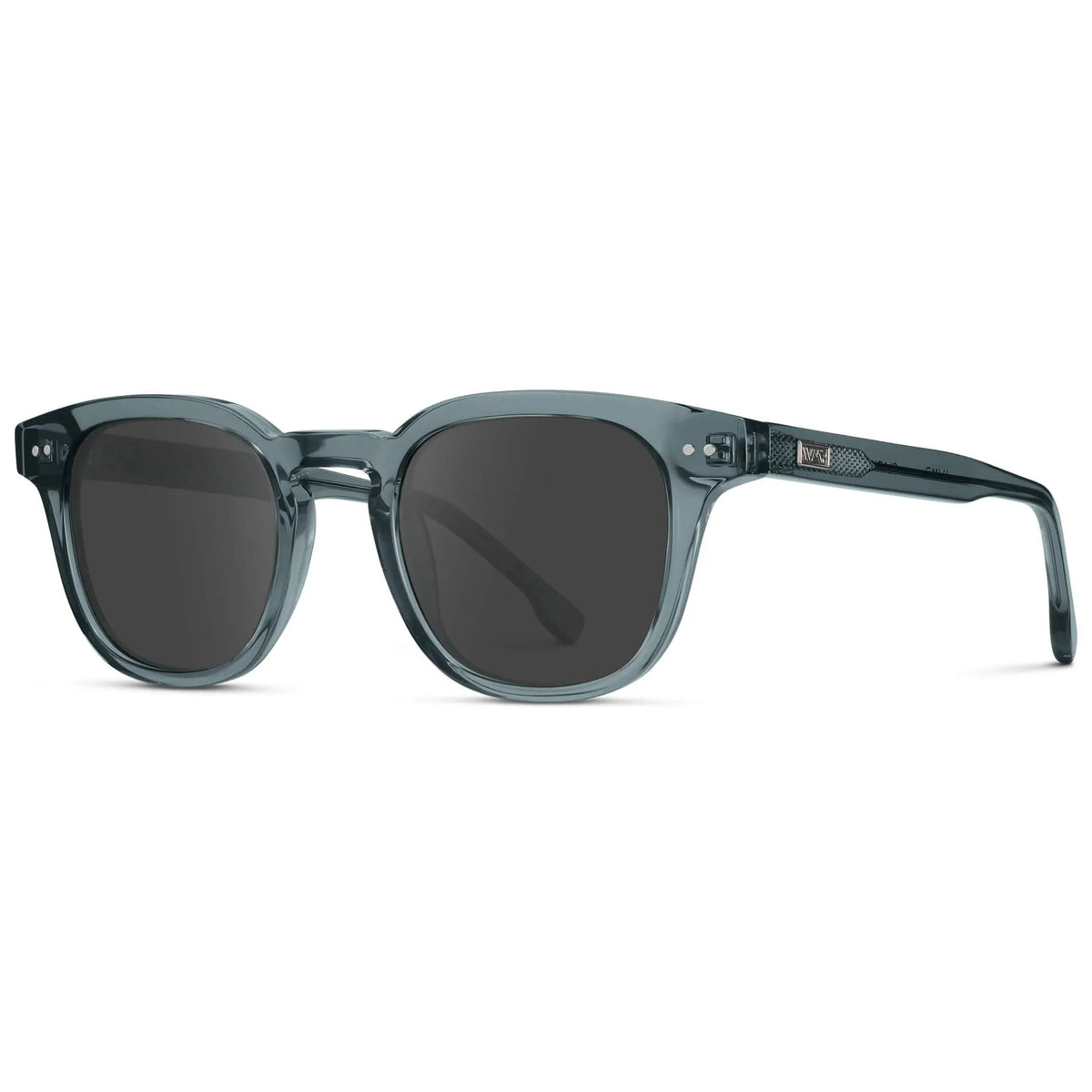 Crystal Stone Blue / Grey || Side view of Men's Square Prescription Sunglasses with Blue Acetate Frame and Grey Prescription Lenses