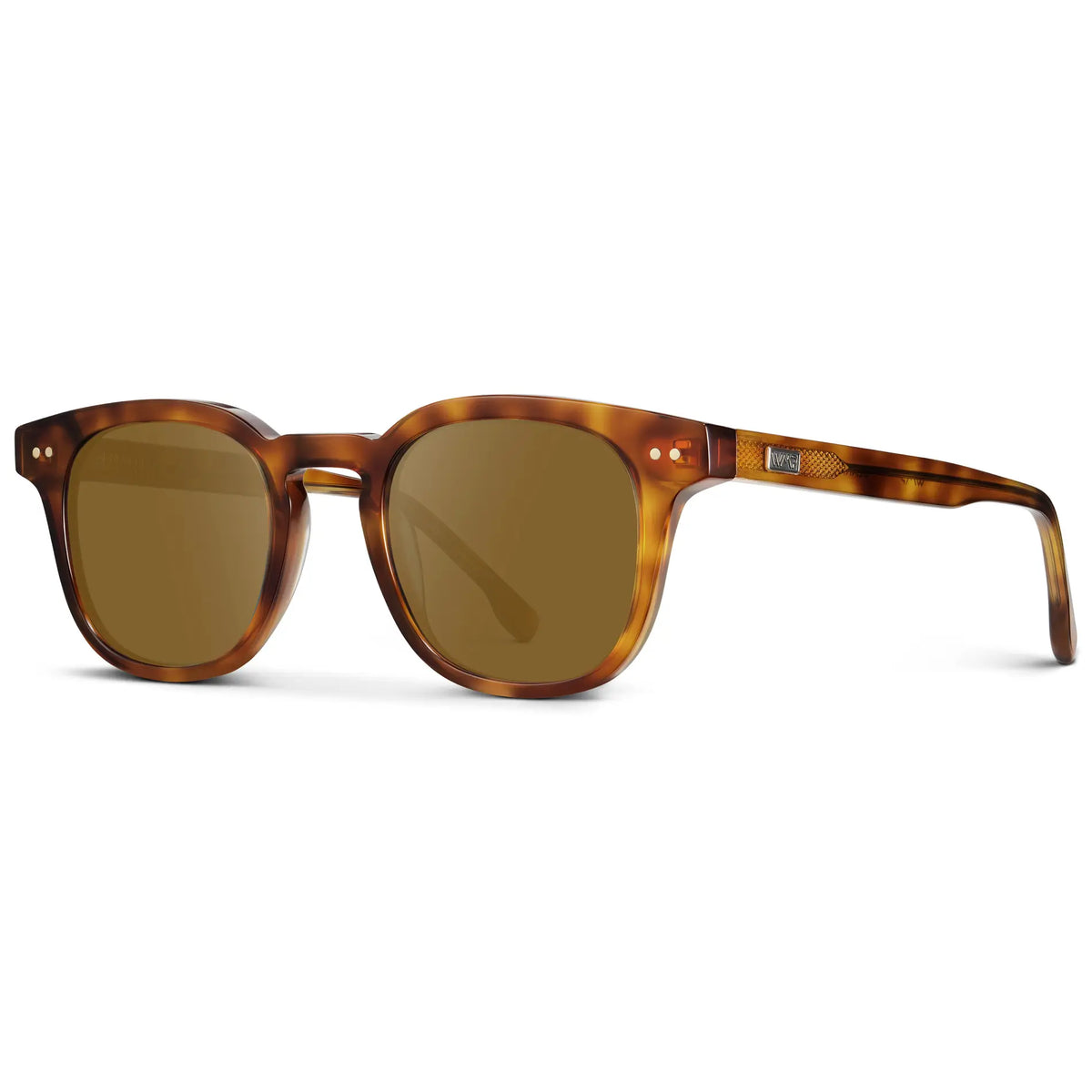 Saddlewood Tortoise / Amber || Side view of Men's Square Prescription Sunglasses with Orange Tortoise Acetate Frame and Brown Prescription Lenses