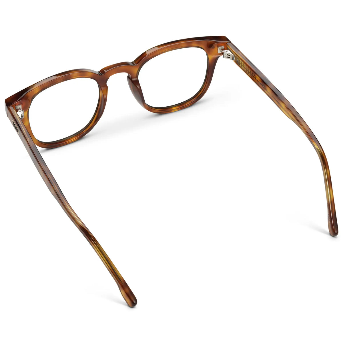 Saddlewood Tortoise || Back view of Men's Square Prescription Eyeglasses with Orange Tortoise Acetate Frame and Clear Prescription Lenses on a white background