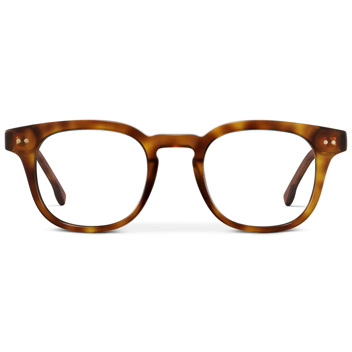 Saddlewood Tortoise || Men's Square Prescription Eyeglasses with Orange Tortoise Acetate Frame and Clear Prescription Lenses on a white background