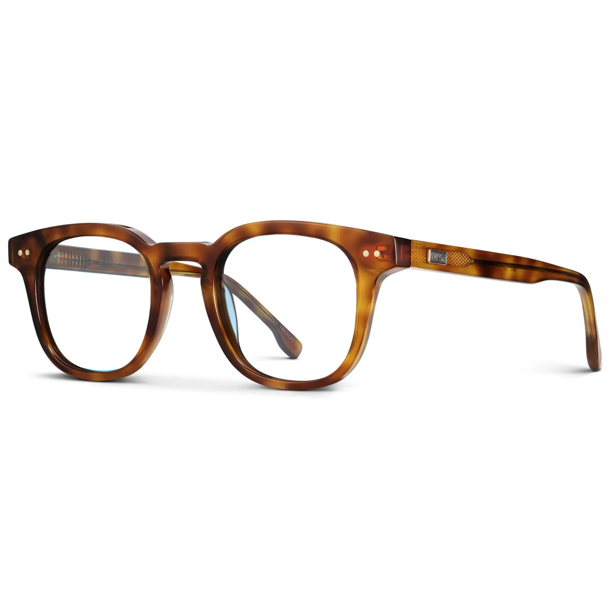 Saddlewood Tortoise || Side view of Men's Square Prescription Eyeglasses with Orange Tortoise Acetate Frame and Clear Prescription Lenses on a white background