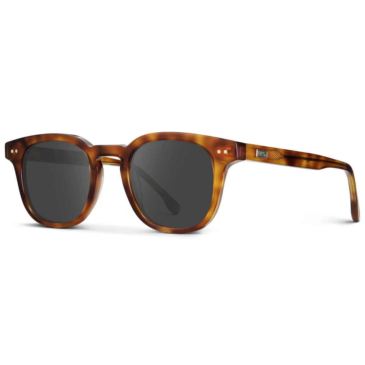 Saddlewood Tortoise / Grey || Side view of Men's Square Prescription Sunglasses with Orange Tortoise Acetate Frame and Grey Prescription Lenses