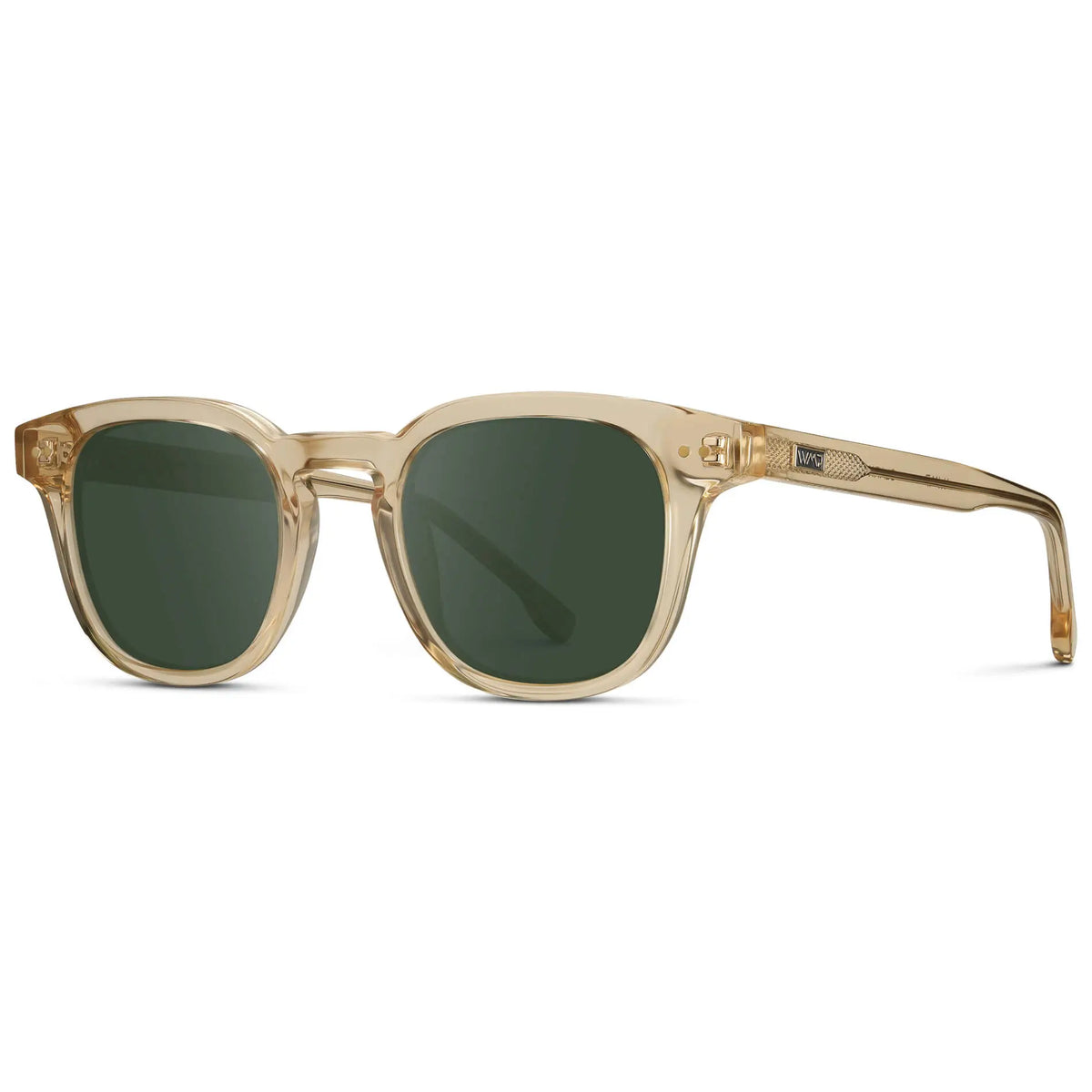 Crystal Champagne / G15 || Side view of Men's Square Prescription Sunglasses with Crystal Yellow Acetate Frame and Green Prescription Lenses