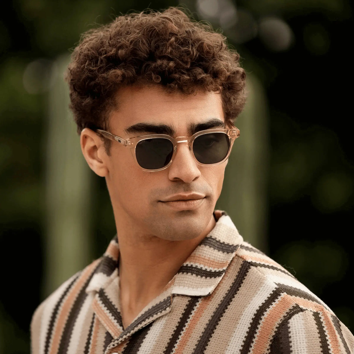Crystal Champagne / G15 || Model wearing Men's Square Prescription Sunglasses with Crystal Yellow Acetate Frame and Green Prescription Lenses
