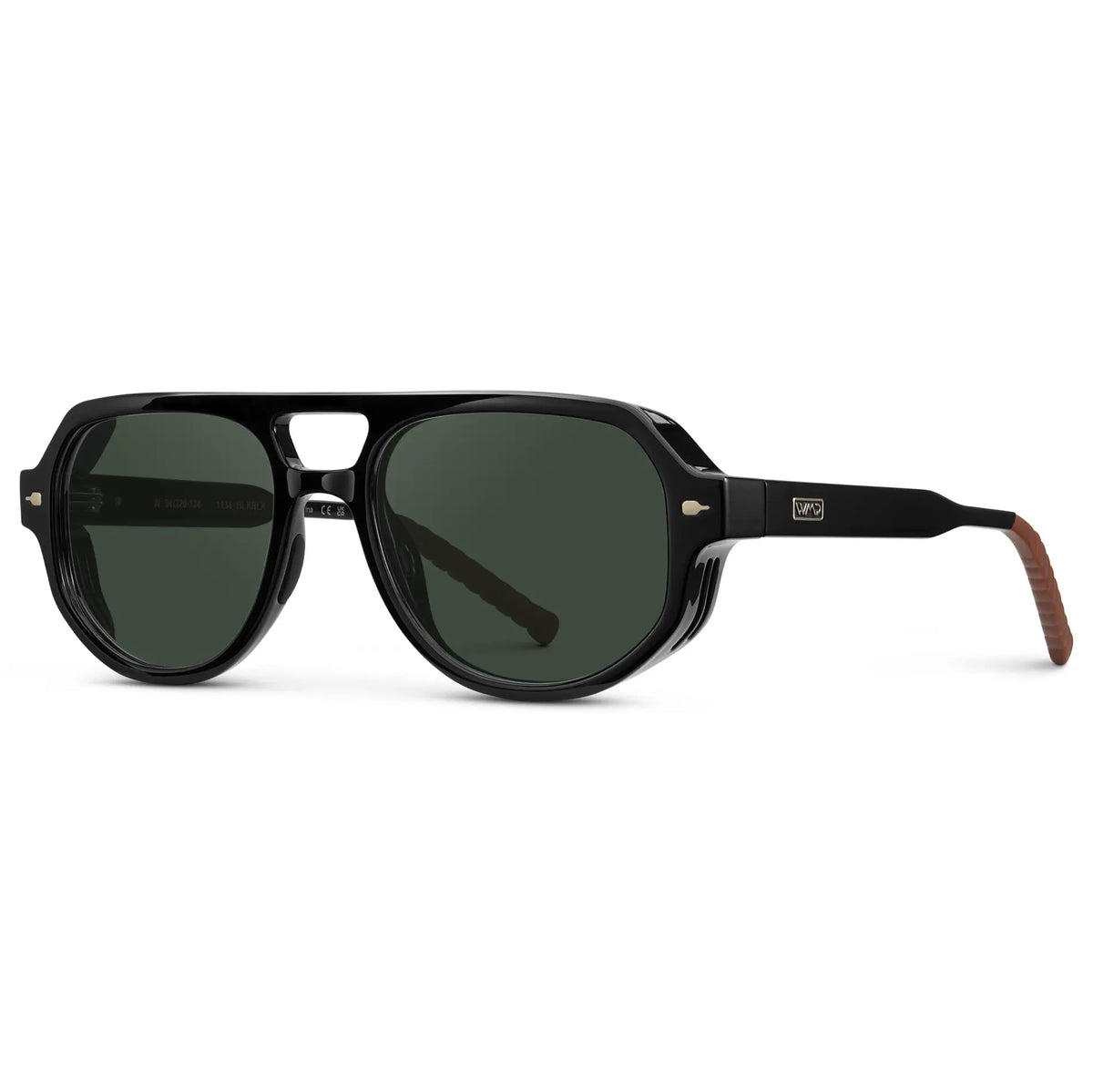 Black / G15 || Side view of Men's Geometric Aviator Prescription Sunglasses with Black Frame and Green Lens on a white background
