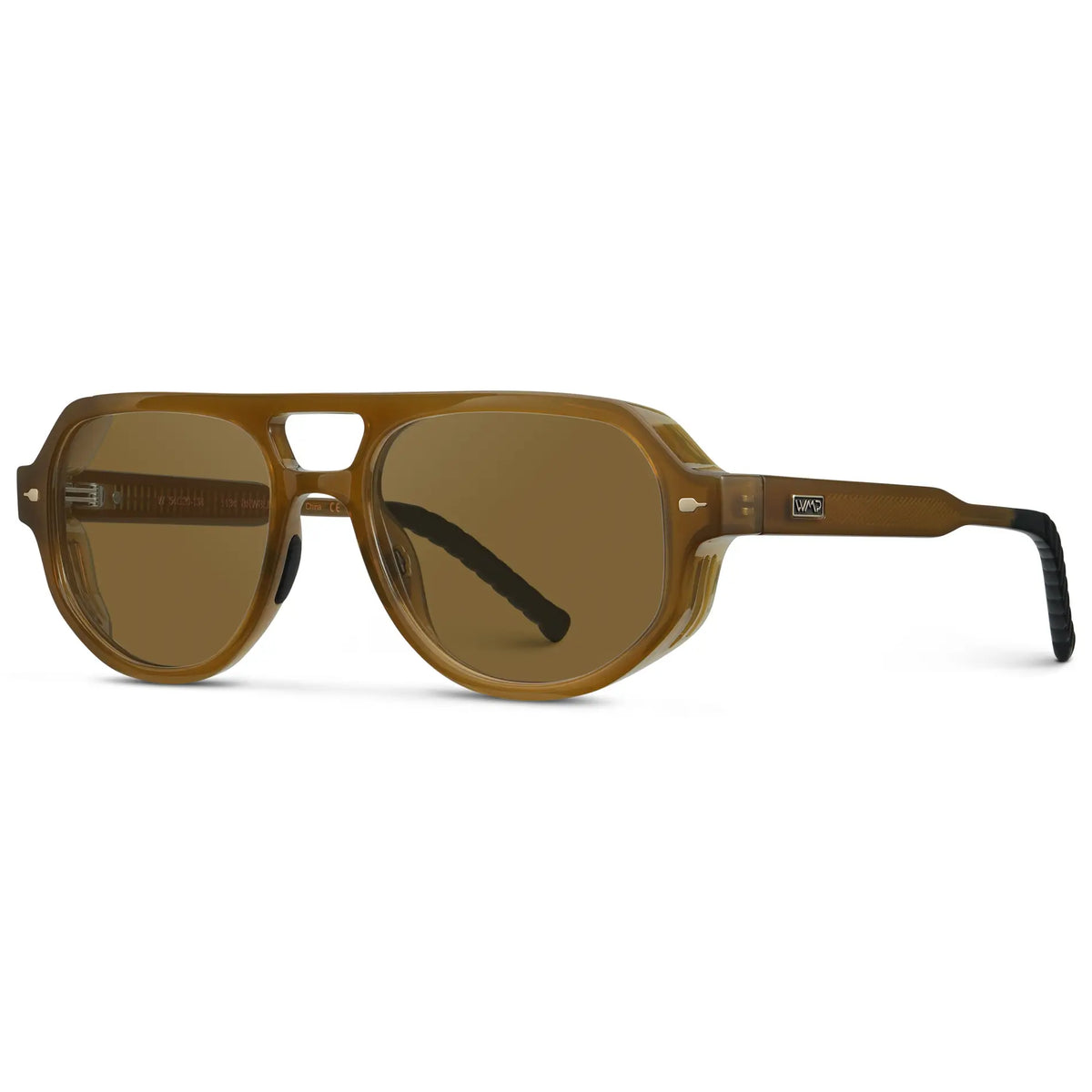 Dune Brown / Amber || Side view of Men's Geometric Aviator Prescription Sunglasses with Dune Brown Frame and Brown Lens on a white background