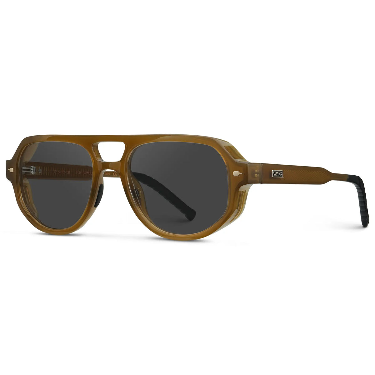 Dune Brown / Grey || Side view of Men's Geometric Aviator Prescription Sunglasses with Dune Brown Frame and Grey Lens on a white background