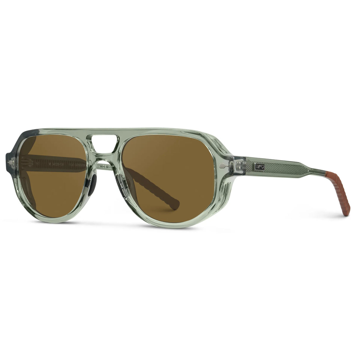 Sage Green / Amber || Side view of Men's Geometric Aviator Prescription Sunglasses with Sage Green Frame and Brown Lens on a white background