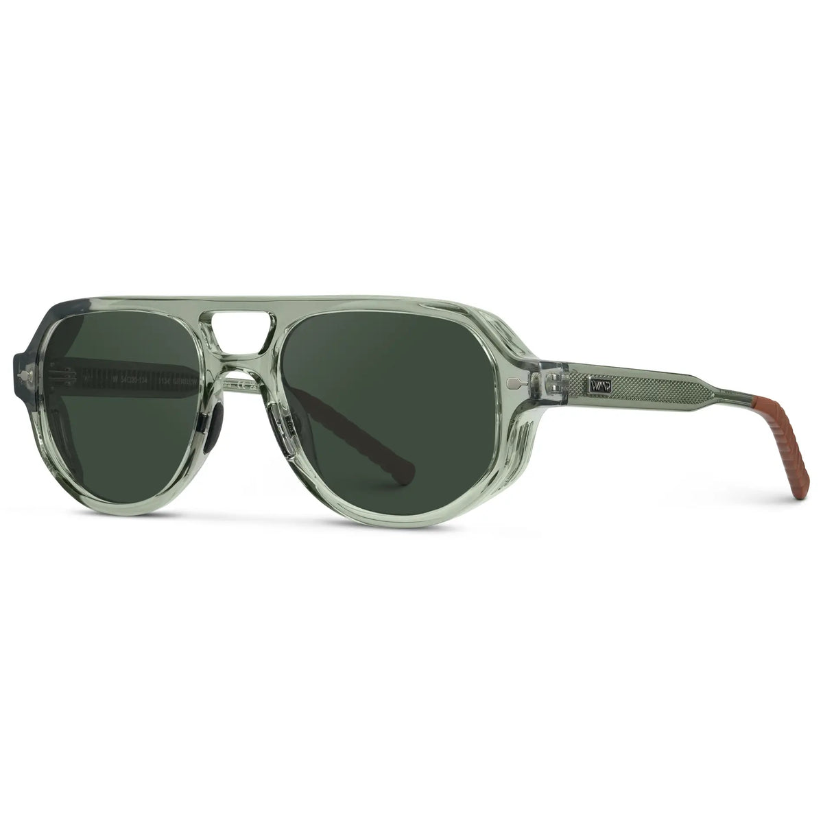 Sage Green / G15 || Side view of Men's Geometric Aviator Prescription Sunglasses with Sage Green Frame and Green Lens on a white background