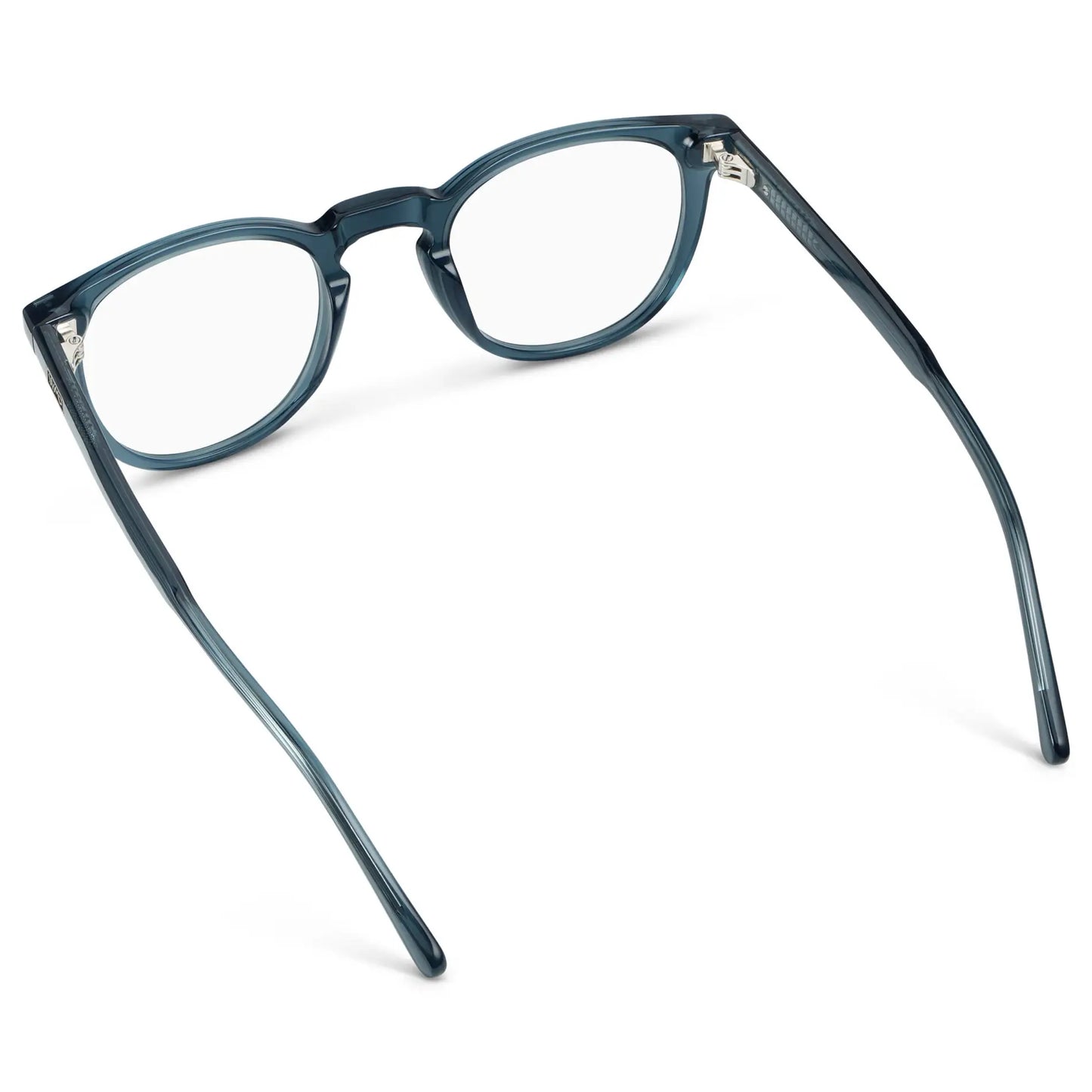 Crystal Steel Blue || Back view of Women's Round Eyeglasses with Crystal Steel Blue Acetate Frame and Clear Prescription Lens on a white background