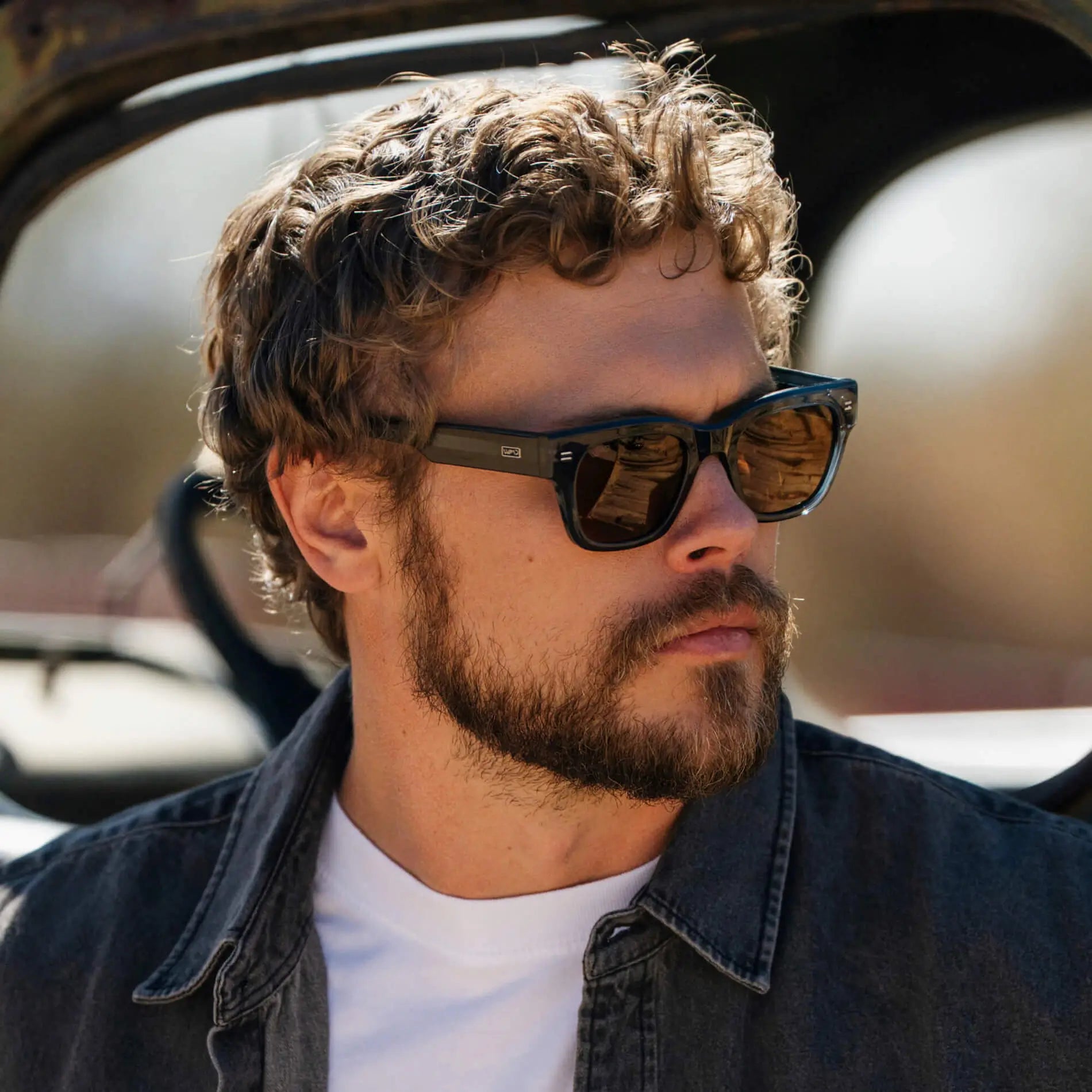 Crystal Steel Blue / Brown Lens || Men's Oversized Rectangular Sunglasses with Crystal Steel Blue Acetate Frame and Brown Polarized Lens