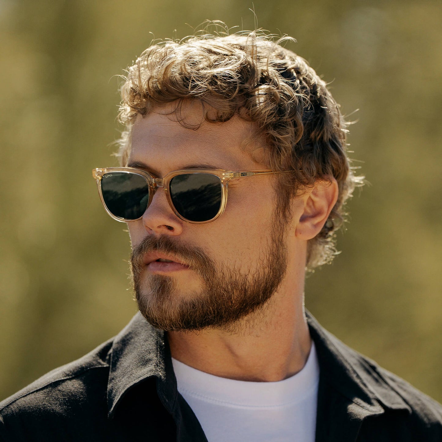 Champagne Crystal / Smoke Green Lens || Yellow Square Frame Sunglasses with Green Polarized Lenses