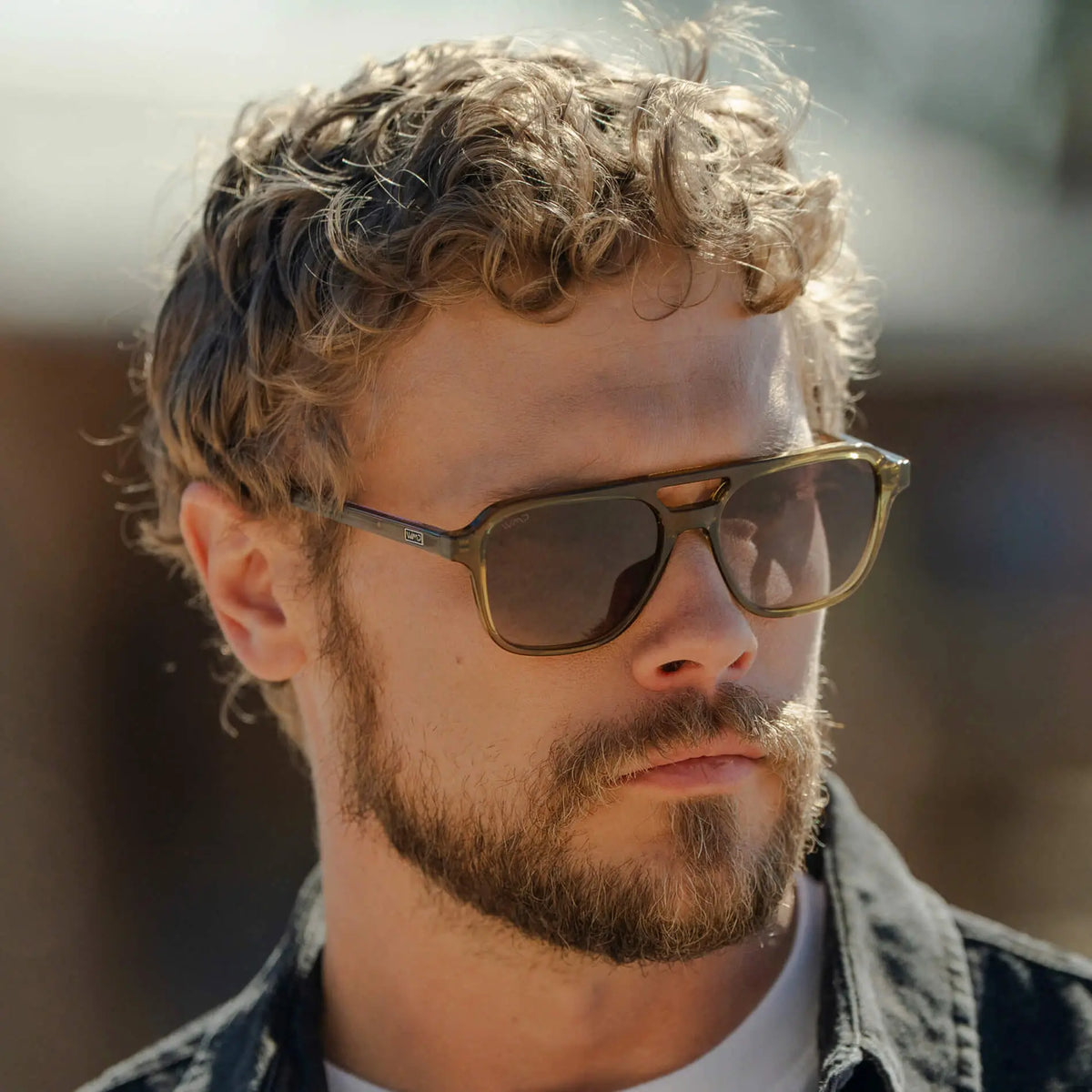 Crystal Verde / Amber || Model wearing Men's Double Bridge Aviator Prescription Sunglasses with Crystal Verde Acetate Frame and Amber Prescription Lens