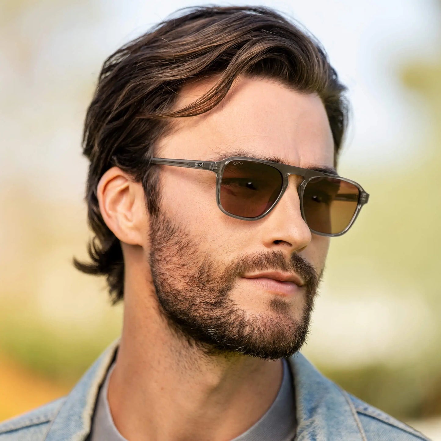 Graphite Grey / Amber Lens || Grey Single Bridge Aviator Sunglasses with Brown Prescription Lenses