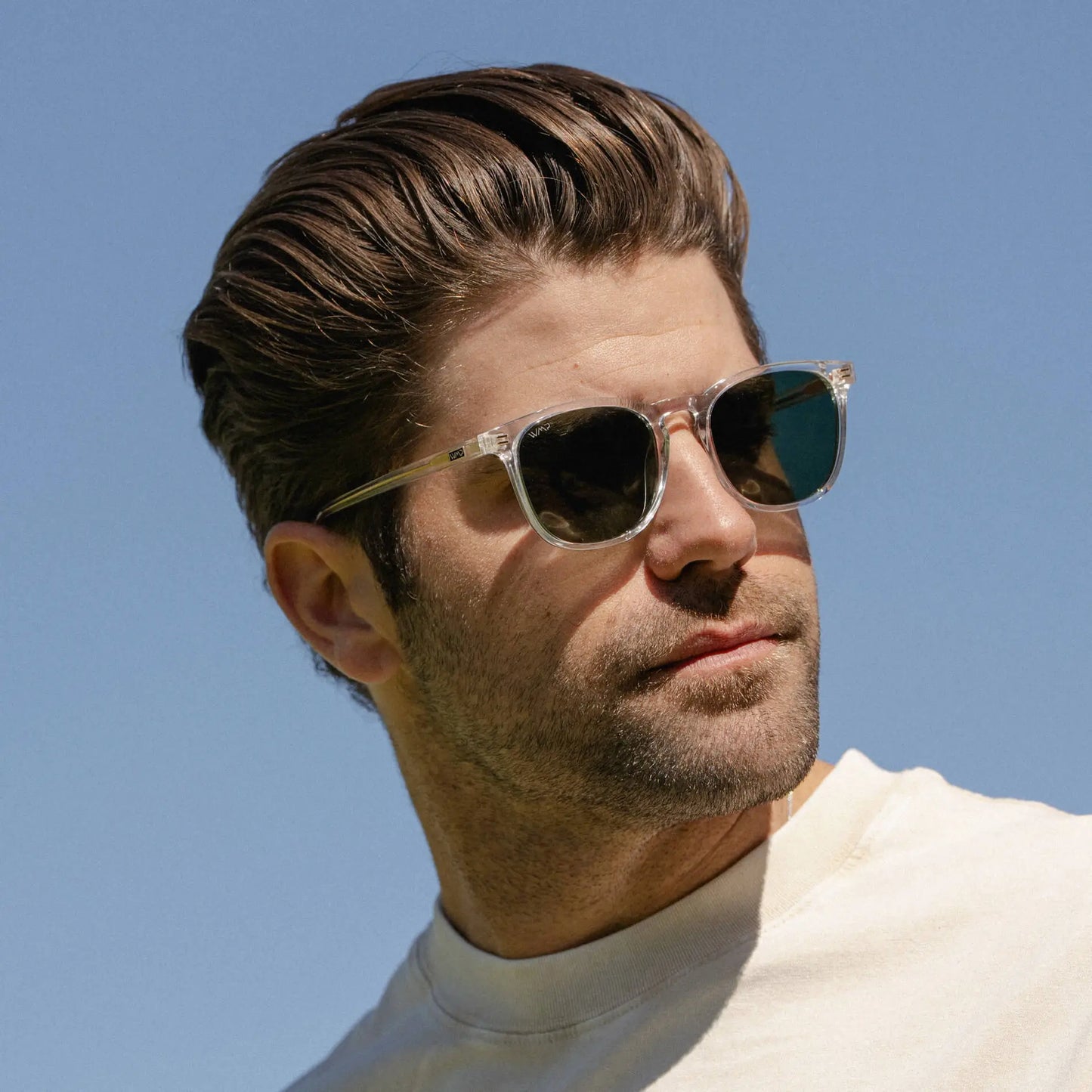 Clear / Smoke Green Lens || Men's Clear Square Frame Sunglasses with Green Polarized Lenses