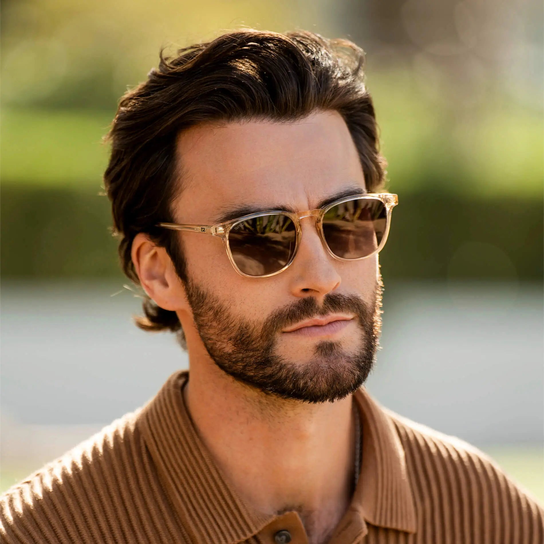 Crystal Sand Brown / Amber Lens || Light Brown Square Frame Prescription Sunglasses with Amber Lenses