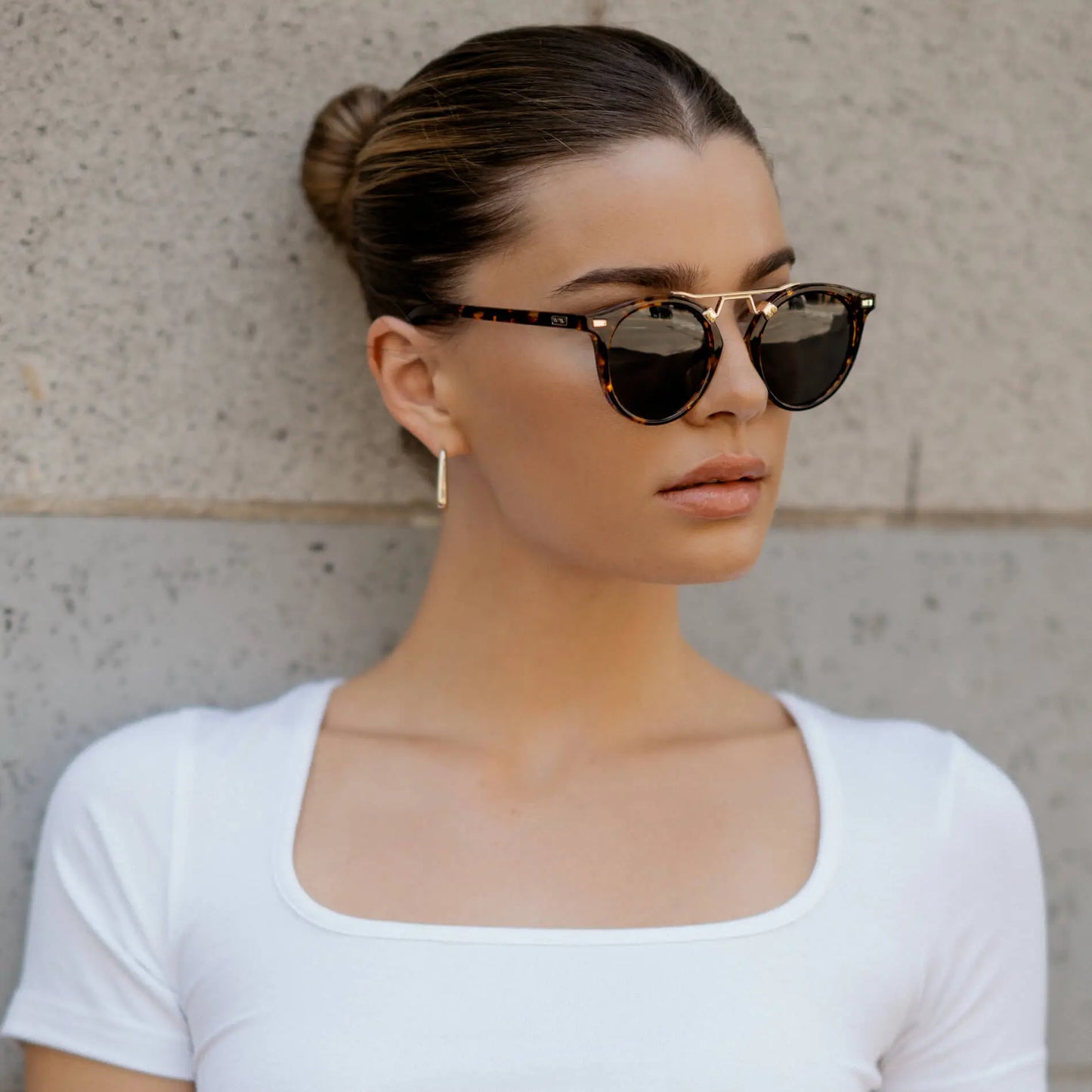 Tortoise / Black Lens || Model wearing Double Bridge Round Retro Polarized Sunglasses with Tortoise Frame Black Lens and Gold Fashion Accents