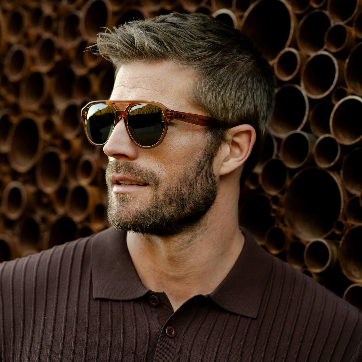 Crystal Copper / G15 || Model wearing Men's Aviator Style Prescription Sunglasses with Brown Frame and Green Prescription Lenses