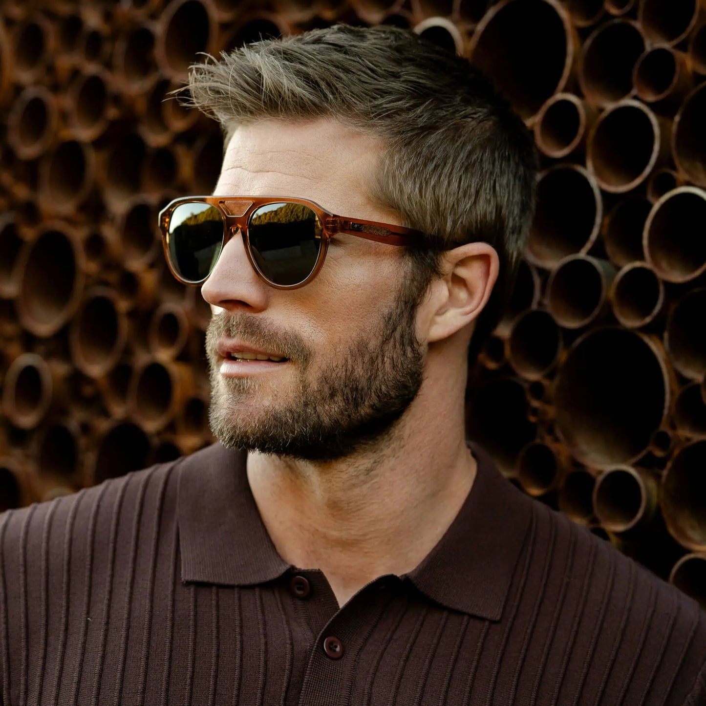 Crystal Copper / Smoke Green Lens || Brown Aviator Frame Sunglasses with Green Polarized Lenses