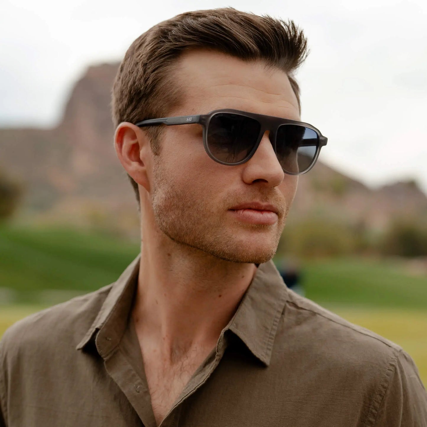 Frosted Graphite / Navy Gradient Lens || Grey Aviator Sunglasses with Blue Polarized Lenses