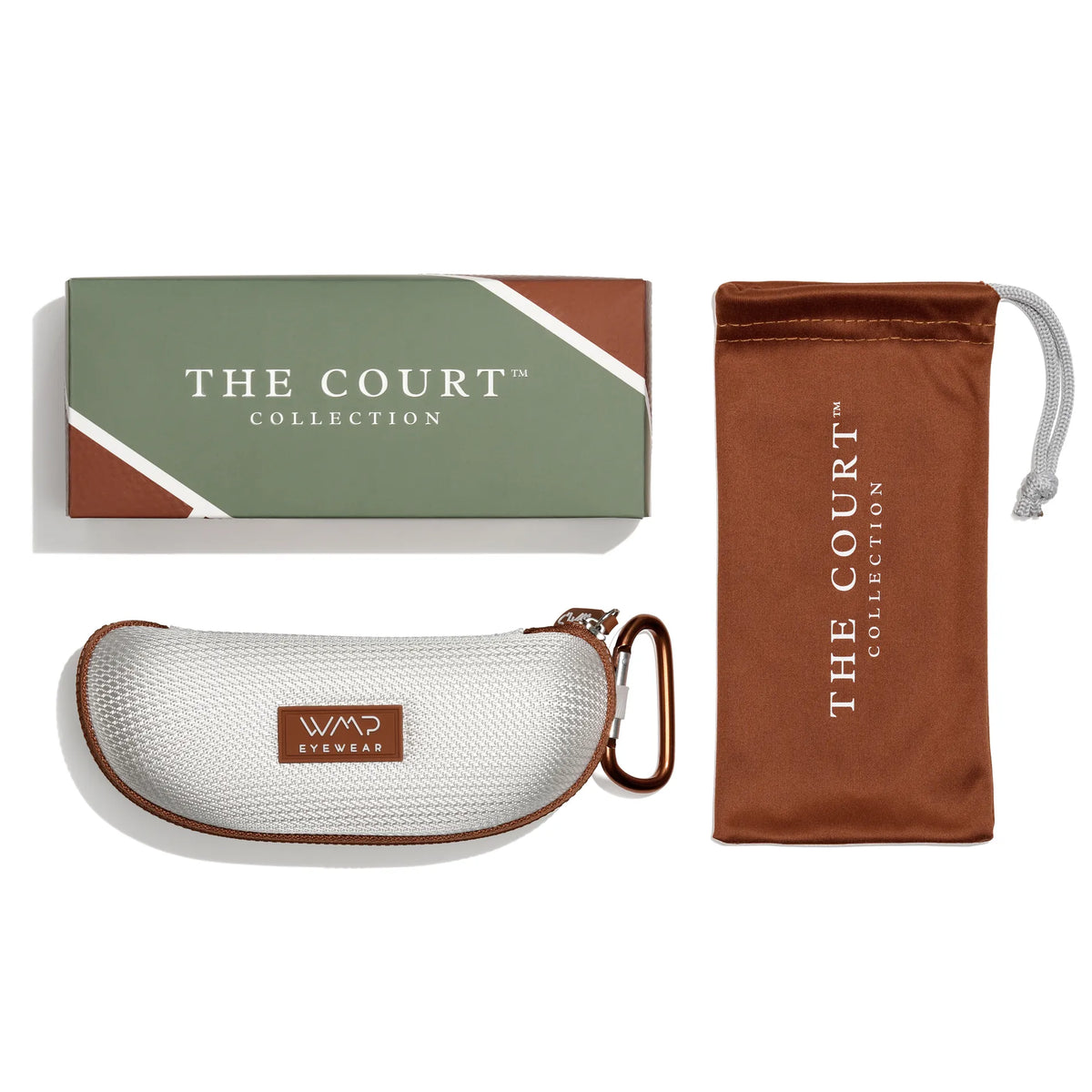 Black / G15 || Court Packaging with Multicolored Box, White Hard Shell Case with Brown Zipper and Brown Microfiber Pouch