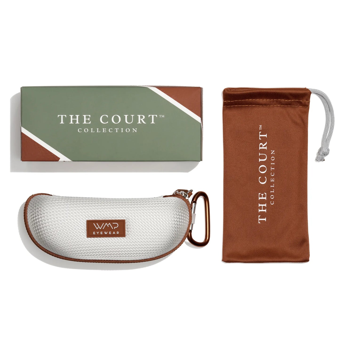 Sage Green / Black Lens || Court Packaging with Multicolored Box, White Hard Shell Case with Brown Zipper and Brown Microfiber Pouch