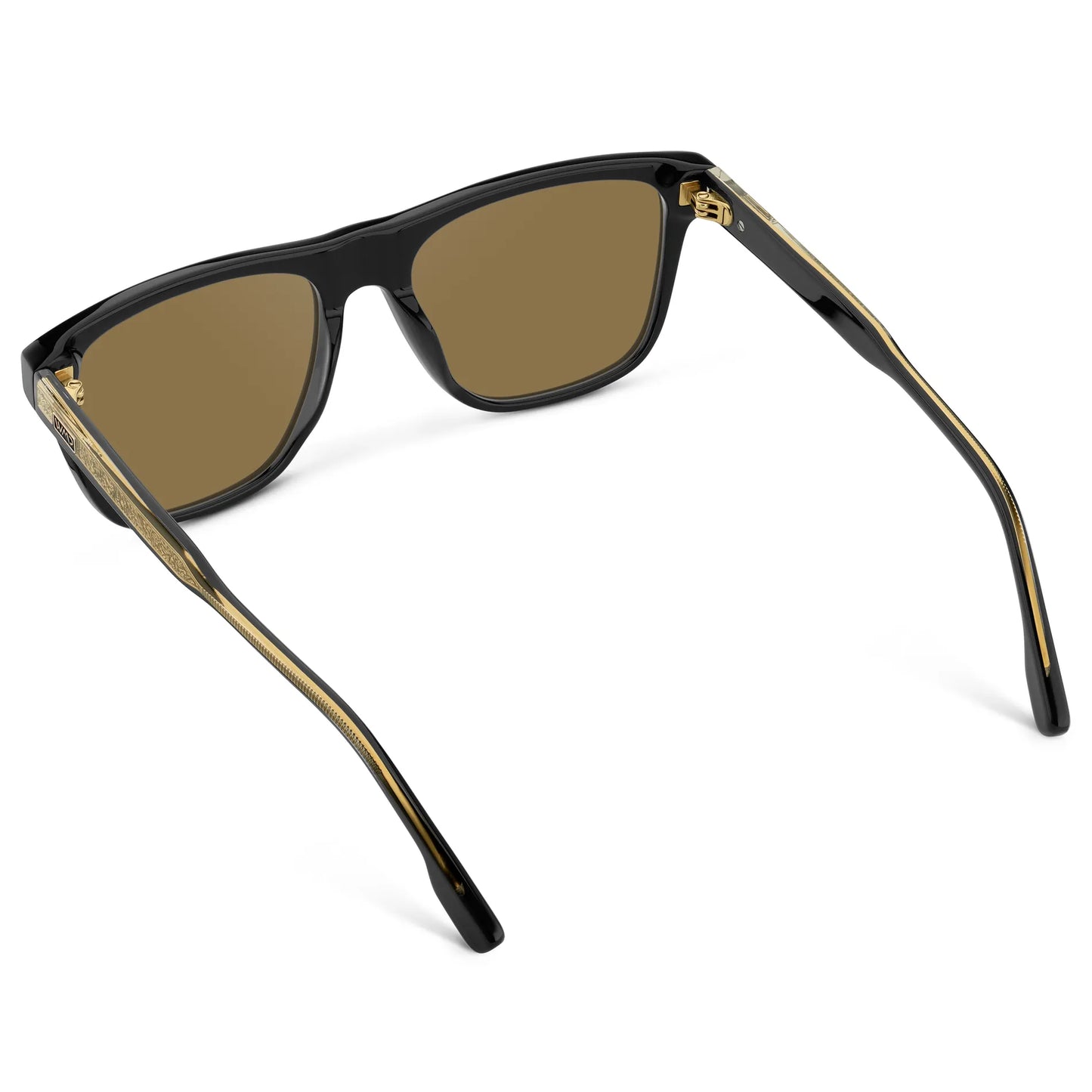 Black / Amber || Back view of Men's Rectangular Prescription Sunglasses with Black Frame and Brown Lens on a white background