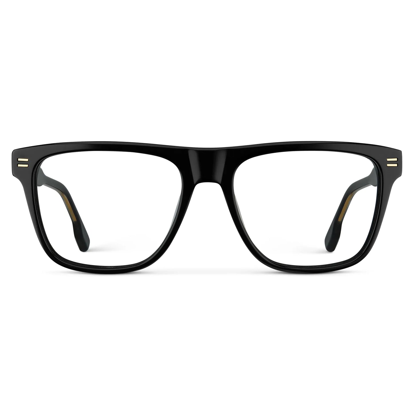 Black || Front view of Men's Rectangular Prescription Eyeglasses with Black Frame and Clear Lens on a white background